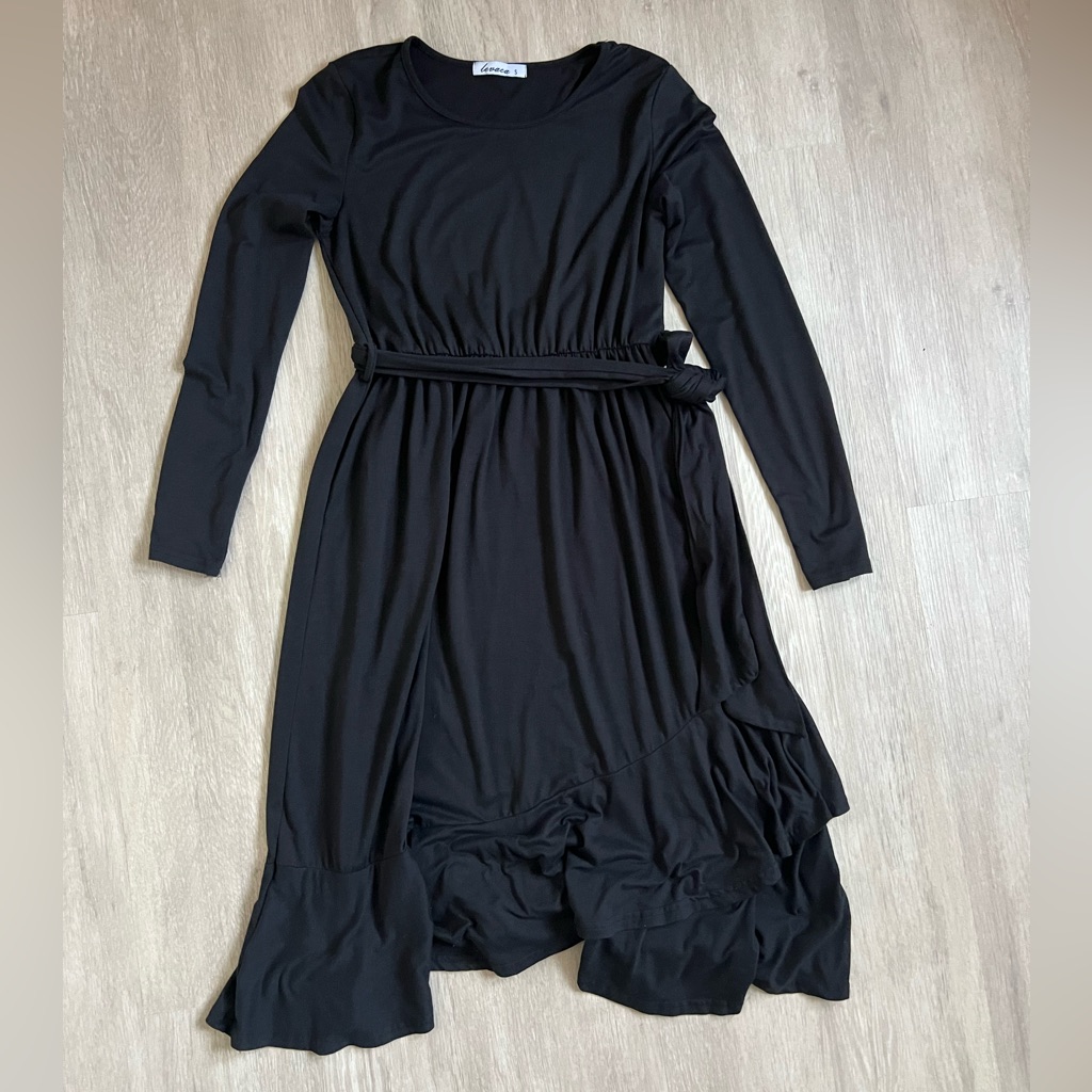 Black Long Sleeve Dress With Belt For Travel And Resort Wear Small